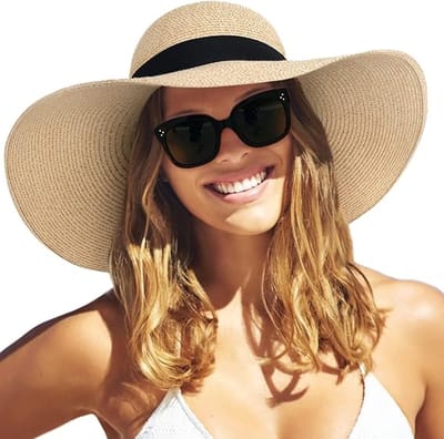 VHV-Zonnehoed Dames met Brede Rand Diameter van 48 cm- Strohoed UV Bescherming UPF 80 - Opvouwbare Strandhoed Kreukvrij - Stijlvolle Floppy Hat voor Zomervakantie en Strand - Beige