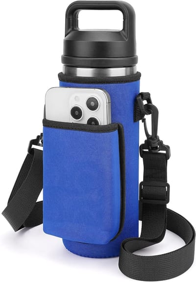 Waterfleshouder met Schouderband voor 18 oz en 20 oz Flessen, Inclusief Telefoonvak, Draagtas voor Actieve Buitenactiviteiten (Blauw)