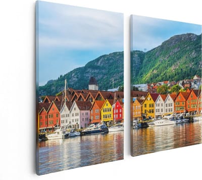 Artaza Canvas Schilderij Tweeluik Gekleurde Huizen in Byrggen, Noorwegen - 80x60 - Foto Op Canvas - Canvas Print