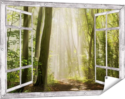 Gards Tuinposter Doorkijk Bos met Bomen en Zonneschijn - 120x80 cm - Tuindoek - Tuindecoratie - Wanddecoratie buiten - Tuinschilderij