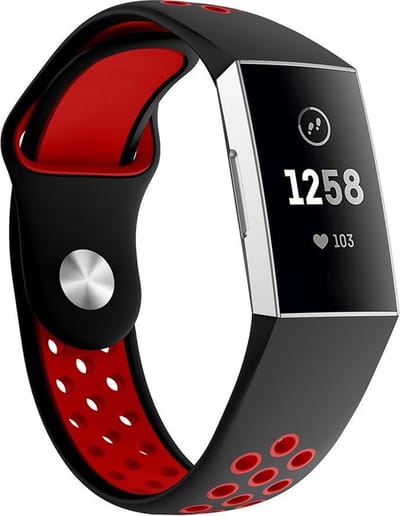 By Qubix - Compatible Fitbit bandje - geschikt voor Fitbit Charge 3 - Fitbit Charge 4 siliconen DOT bandje - Rood / Zwart - Maat: Large - Horlogeband - smartwatchbandje