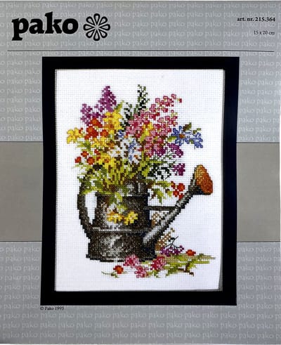 Pako Borduurpakket met tel patroon- Gieter met bloemen - 215.364 - voorgesorteerd garen - Aida ivoor - 15 x 20 cm - DIY kit