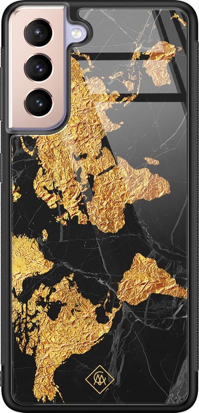 Casimoda® hoesje - Geschikt voor Samsung Galaxy S21 - Wereldkaart - Luxe Hard Case Zwart - Backcover telefoonhoesje - Zwart