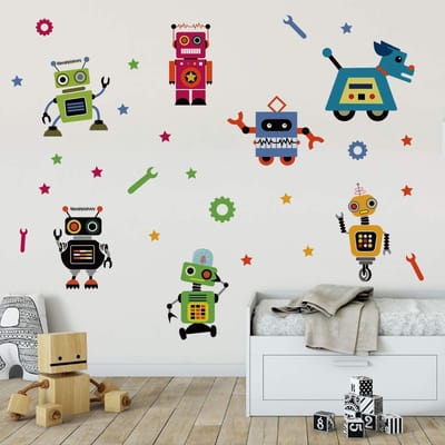 Dailygoody - muursticker robot - kinderkamer decoratie - 90 x 60 cm - babykamer muurstickers - vrolijke robot - geschikt voor klaslokaal