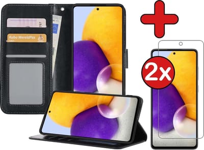 Hoesje - Met 2x Screenprotector - Geschikt voor Samsung Galaxy A72 5G - Luxe Pasjeshouder - Flip Case - Bookcase Portemonee - Kunstleer Book Case - Flipcase Hoes - Book Cover - Walletcase - Portemonneehoes - Telefoonhoes - Zwart