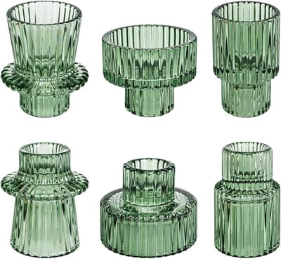 Set van 6 kandelaars, 2-in-1 kandelaar, theelichthouders, groen, transparant, theelichtglazen, theelichtjes, glazen kaarsenglazen, staafkaarsenhouder, windlichten voor tafeldecoratie (groen)