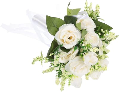 Kunstboeket Rozen - Bruidsboeket Decoratie - Bruiloft Versieren - Zijden Stof Materiaal - 17 cm Hoog - Wit