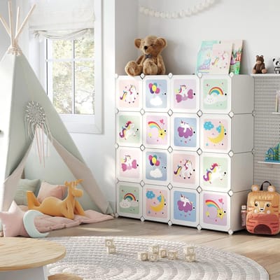 SONGMICS 16 Kubus Plankensysteem, Kinder Opbergkast, Kledingkast met Deuren, Kunststof Schoenenrek, Multifunctionele Schoenen, Speelgoed, 123 x 31 x 123 cm, Wit LPC906W01