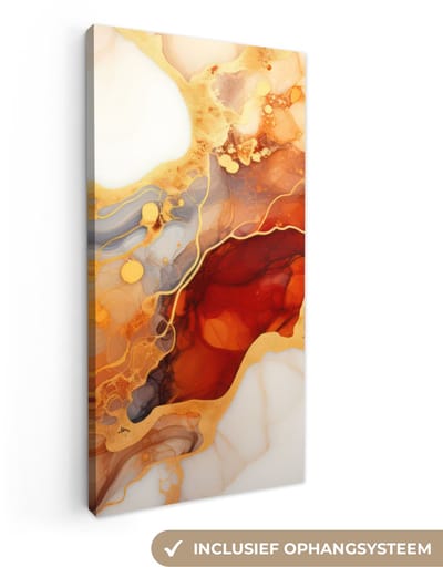 Canvas schilderij 20x40 cm - Wanddecoratie Marmer - Oranje - Goud - Modern - Abstract - Muurdecoratie woonkamer - Slaapkamer decoratie - Kamer accessoires - Schilderijen op canvas
