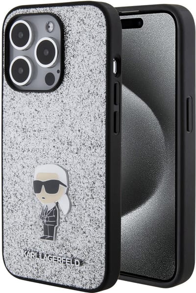 Karl Lagerfeld Back Cover - iPhone 15 Pro - Zilver - Glitter Design - Valbestendig & Modieus