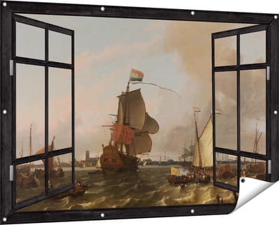 Gards Tuinposter Doorkijk Het Oorlogsschip Brielle op de Maas voor Rotterdam - Ludolf Bakhuysen - 150x100 cm - Tuindoek - Tuindecoratie - Wanddecoratie buiten - Tuinschilderij