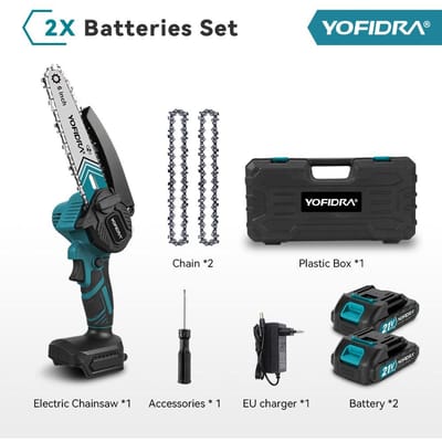 YOFIDRA Scie à chaîne 6 pouces Scie électrique sans fil Travail du bois Jardinage Coupe Élagage Tronçonneuse Outil électrique Pour batterie Makita 21V Broche With 2 Battery EU Plug
