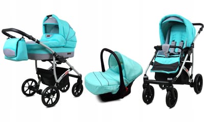 BabyLux® Kinderwagen 3in1 – LARGO - MINT SILVER FRAME - Opklapbare Wandelwagen incl. Reiswieg, Multifunctionele Buggy Sportstoel, Autostoel - Combi-kinderwagen met Luiertas, Regenhoes, Klamboe, Bekerhouder, etc.