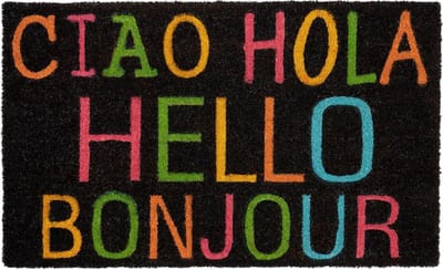 BRUBAKER Ciao Hola Hello Bonjour Deurmat voor buiten en binnen, 45 x 75 cm, welkom, vuilvangmat, antislip deurmat van 100% kokos, weerbestendig en antislip, zwart en kleurrijk