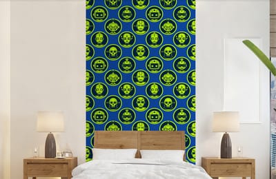Behang - Fotobehang Patronen - Robot - Geel - Blauw - Jongens - Kinderen - Kids - Jongetje - Breedte 120 cm x hoogte 240 cm