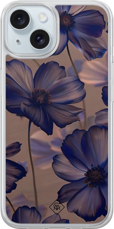 Casimoda® hoesje - Geschikt voor iPhone 15 - Twilight Petals - 2-in-1 case - Schokbestendig - Bloemen - Verhoogde randen - Paars, Transparant