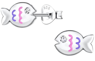 Joy|S - Zilveren vis oorbellen - 9 x 6 mm - zilver met roze en paarse accentjes - kristal - kinderoorbellen