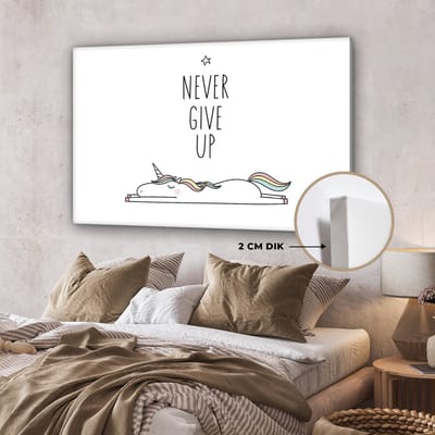 Kinderkamer decoratie - Eenhoorn - Quotes - Never give up - Quotes - Wanddecoratie meisjes - Canvas schilderij kinderen - Canvas doek kids - 140x90 cm