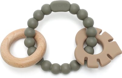 Snufie Blad Rammelaar Bijtring – Hout & Siliconen – Baby Speelgoed – Kraamcadeau – Babyshower Cadeau – BPA-vrij – Vanaf 3 maanden – Sage & Khaki