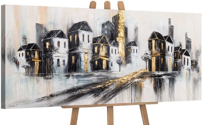 Canvas schilderij panoramisch 115x50 handgeschilderd gouden stad stadsgezicht – YS-Art Gallery – Luxe wanddecoratie voor woonkamer – Modern schilderij voor hal