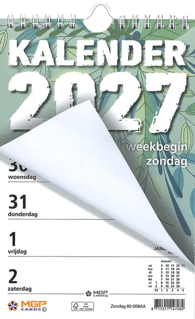 MGPcards - Weekblok met Wire-O binding 2027 - Week begint op zondag - 13,5 x 20,5 cm - Groen Bladeren