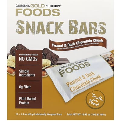 Voeding, Pinda & Pure Chocolade Stukjes Reepjes, Met Olievrije Geroosterde Amandelen, Cichoreiwortelvezel, Erwtencrisp, Honing, 12 Reepjes, 40G (1.4oz) Elk