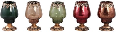 PTMD Windlicht Adelise - 7x7x12 cm - Glas - Meerkleurig - Set van 5