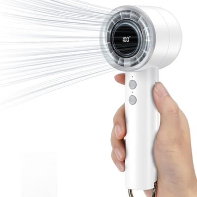 Draagbare ventilator, 5 snelheden met USB-oplaadpoort, handventilator met LED-display dat de windsnelheid en het vermogensniveau aangeeft, voor kantoor en op reis (wit)