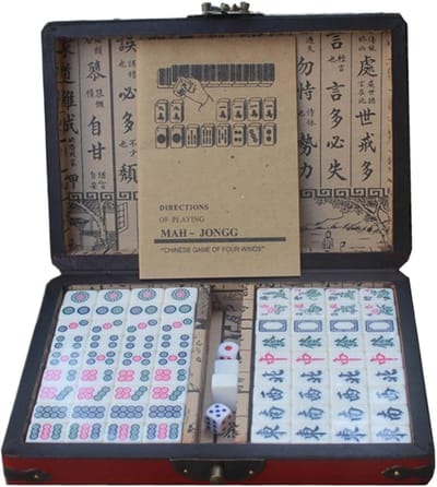 Mahjong Set - Chinees Reisspel - Traditioneel Spel - Compleet Inclusief Dobbelstenen - Compacte Doos - Antiek Design