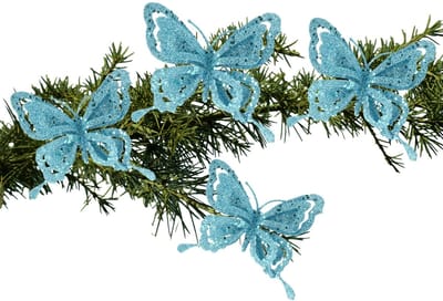 Kerstboomversiering Vlinder - 4x - 14 cm - blauw glitter - op clip - ornament