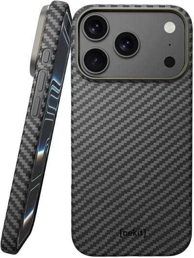 NEKIT Fiber Hoesje Geschikt voor Apple iPhone 17 Pro - Compatibel met MagSafe - High-Tech Kevlar - Back Cover Ultra Dun - Grijs/Zwart