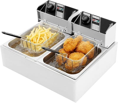Dubbele Friteuse - Professionele Frituurpan - Snel Eten Frituren - Dubbele Verwarmingszones - 12 Liter Inhoud - Zilver