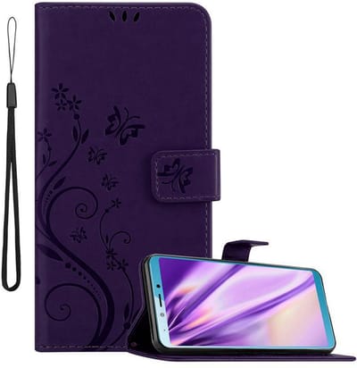 Cadorabo Hoesje geschikt voor Samsung Galaxy A6s in BLOEMEN DONKER PAARS - Beschermhoes in bloemmotief met magnetische sluiting, standfunctie en kaartsleuven Book Case Cover Etui
