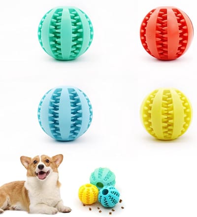 Bal voor het reinigen van honden, 4 stuks 6 cm ballen voor honden, kauwbal voor honden, natuurlijke rubberen hondenvoerbal voor tandreiniging en IQ-training