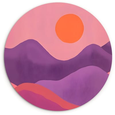 WallCircle® Wandcirkel 120x120 cm - Muurcirkel Zon - Heuvels - Paars - Abstract - Muurdecoratie woonkamer - Wanddecoratie slaapkamer - Kamer decoratie accessoires - Ronde schilderijen XXL