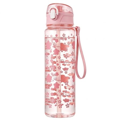 Transparant roze waterfles bidon dames met bloemen patroon en draaglus – herbruikbare sport waterfles met rietje en flip drinkdop voor fitness school reizen outdoor wandelen en dagelijks gebruik