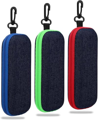 Denim Brilhoes Hard Case met Rits en Haak - Stijlvolle Brilopbergset voor Reizen, Bescherming en Organisatie, Set van 3