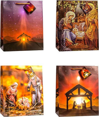Grote Kerstzakjes met Kerstkribbe Motief - Verpakking van 12