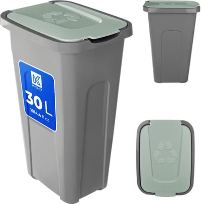 KADAX Vuilnisemmer voor afvalscheiding, 30 liter, robuuste afvalcontainer met luchtdicht klapdeksel, afvalcontainer voor afvalscheidingssysteem, afvalemmer van kunststof (1, groen deksel)