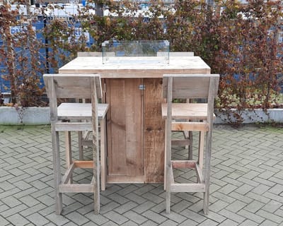 Vuurtafel Sta tafel set "Celebration" van Gebruikt steigerhout 80x120cm - 5 delige set - Kruk back - 4 persoons