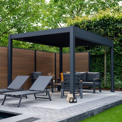 Pratt & Söhne Pergola Rivièra 4x3 m - Moderne terrasoverkapping met elektrische kantelbare Lamellen zonwering - Weerbestendig Paviljoen van aluminium - Prieel met LED-verlichting - Pergola, Carport, Veranda of Tuinoverkapping - Antraciet