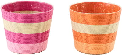 J-Line bloempot Gestreept - papier - roze/oranje - small - set van 2