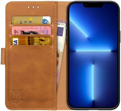 Rosso Element Book Case Wallet Hoesje Geschikt voor Apple iPhone 13 Pro | Portemonnee | 3 Pasjes | Magneetsluiting | Stand Functie | Licht Bruin