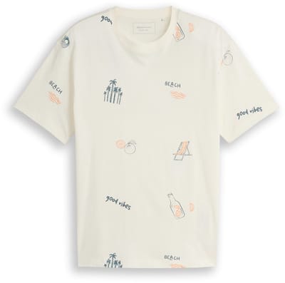 Tom Tailor Denim - T-shirt met relaxte pasvorm en all-over print - Maat XS - wool white fun summer print