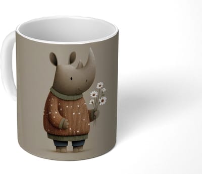 Mok - Koffiemok - Neushoorn - Witte bloemen - Lief - Mokken - 350 ML - Beker - Koffiemokken - Theemok