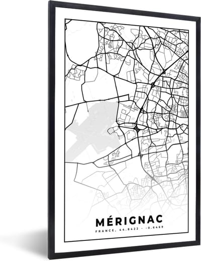 Fotolijst incl. Poster Zwart Wit- Mérignac - Frankrijk - Plattegrond - Stadskaart - Kaart - Zwart wit - 40x60 cm - Posterlijst