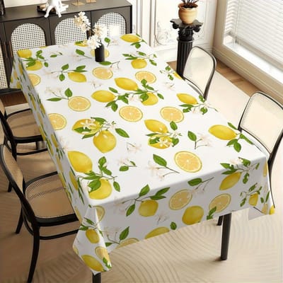 Levendige Gele Citroenprint Tafelkleed voor Tafeldecoratie Zomer Groene Bladeren Witte Bloemige Keuken Eetkamertafelkleed Feestdecoratie 90x140cm
