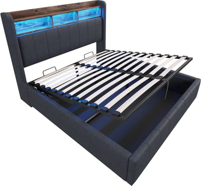 Gestoffeerd bed van 140 x 200 cm, met ledverlichting en USB-poort, hoofdeinde met plank en opbergruimte, hydraulisch hefmechanisme, tweepersoonsbed voor volwassenen, grijze linnen stof.