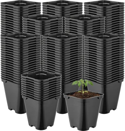 Garronda Set van 200 afgeronde vierkante kunststof kweekpotten met drainagegaten voor tuin (Zwart, 9 x 9 x 9,6 cm (0,5L)) GD-KW-SR