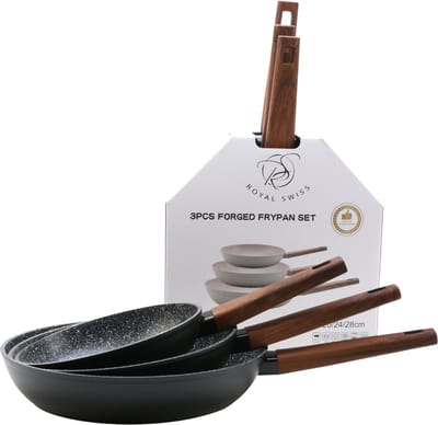 Royal Swiss® Pannenset 3-delig – Ø20, 24 & 28 cm – Inductie – PFAS-Vrij – Bakpannensets – Zwart